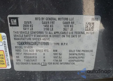 2014 GMC Acadia Slt-1 из США, поврежденный, VIN 1GKKRRKD8EJ107595